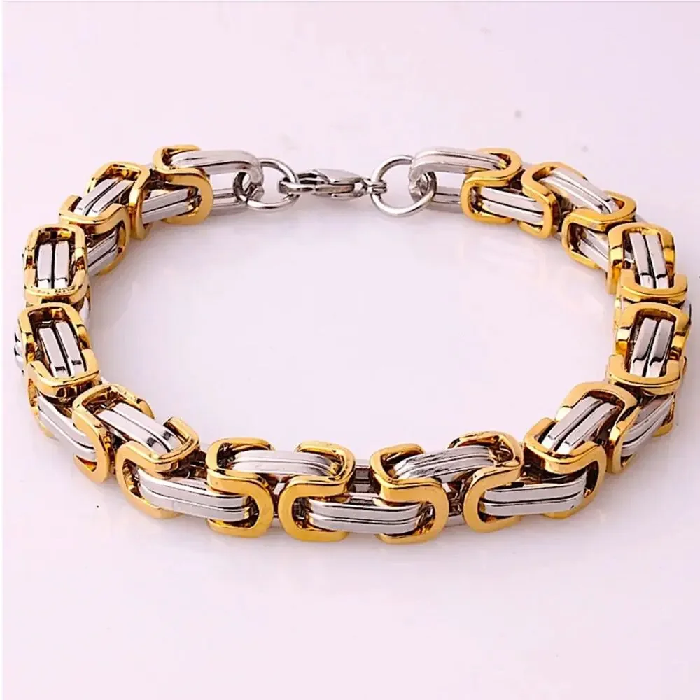 STAINLESS STEEL BYZANTINE MECHANIC SILVER GOLD BIKER BRACELET